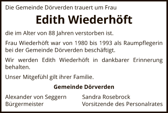 Traueranzeige von Edith Wiederhöft von SYK