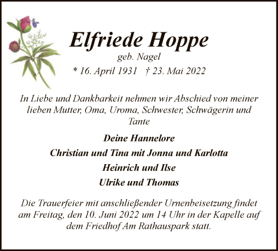 Traueranzeige von Elfriede Hoppe von SYK