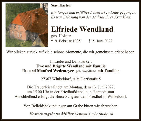 Traueranzeige von Elfriede Wendland von SYK