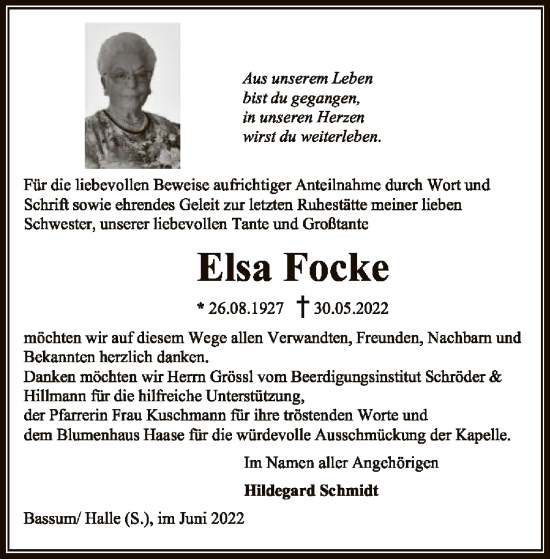 Traueranzeige von Elsa Focke von SYK