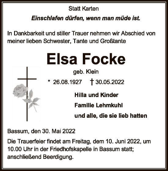 Traueranzeige von Elsa Focke von SYK