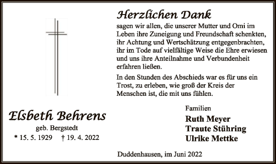 Traueranzeige von Elsbeth Behrens von SYK