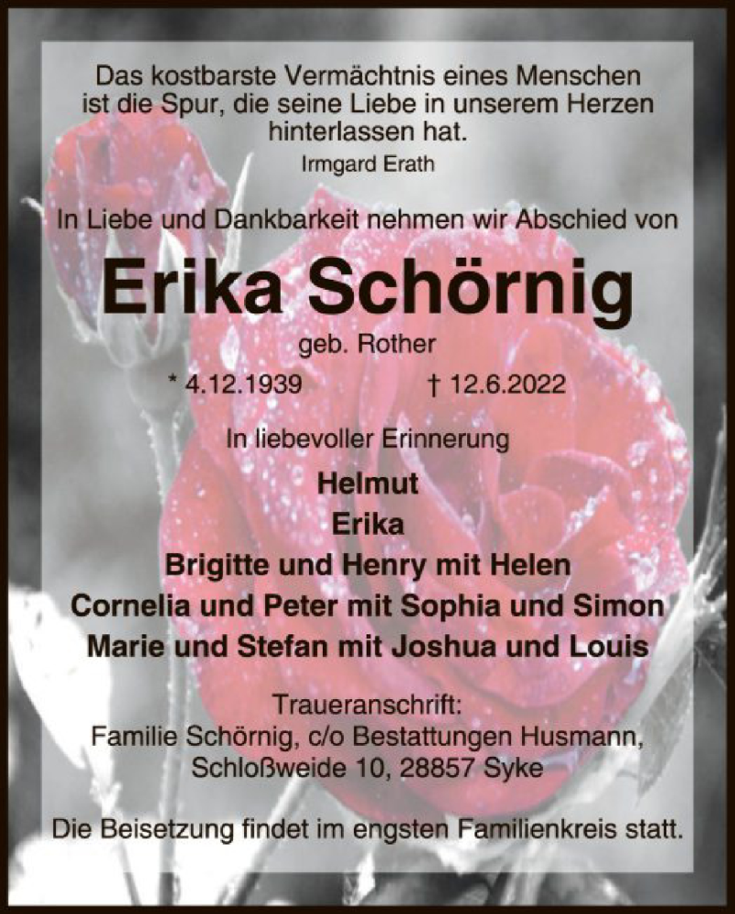  Traueranzeige für Erika Schörnig vom 18.06.2022 aus SYK