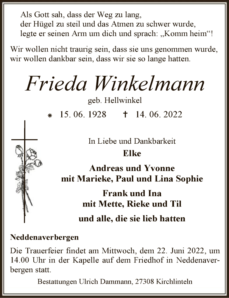  Traueranzeige für Frieda Winkelmann vom 17.06.2022 aus SYK
