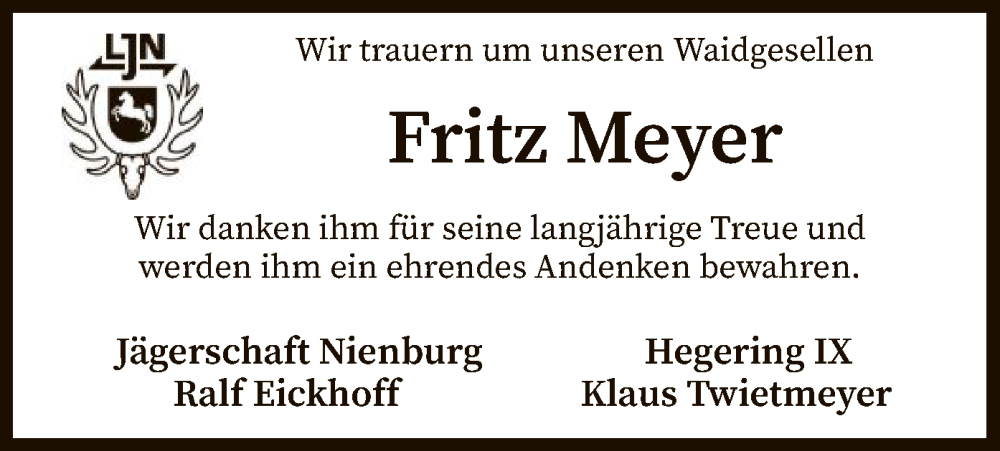 Traueranzeige für Fritz Meyer vom 23.06.2022 aus SYK
