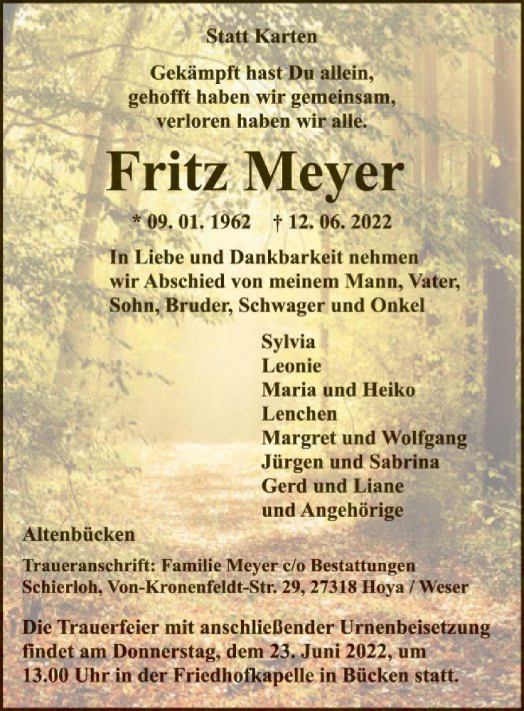  Traueranzeige für Fritz Meyer vom 18.06.2022 aus SYK