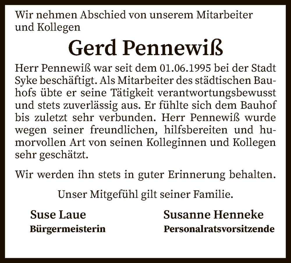  Traueranzeige für Gerd Pennewiß vom 03.06.2022 aus SYK