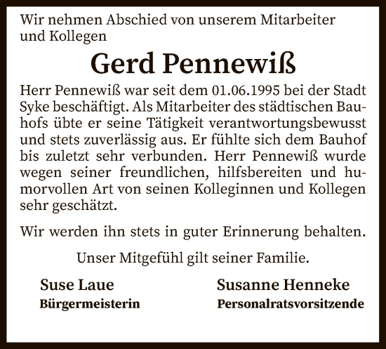 Traueranzeige von Gerd Pennewiß von SYK