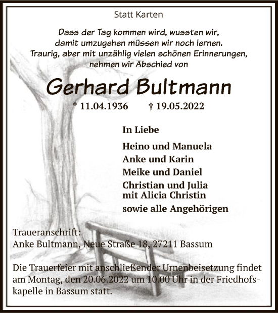 Traueranzeige von Gerhard Bultmann von SYK