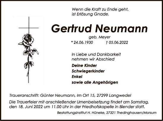 Traueranzeige von Gertrud Neumann von SYK