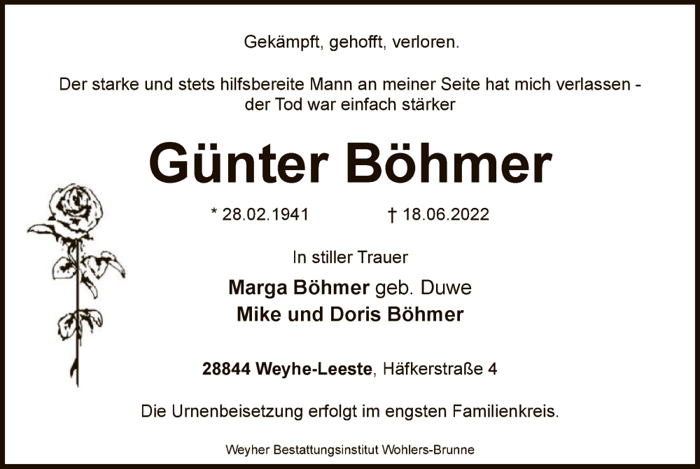  Traueranzeige für Günter Böhmer vom 25.06.2022 aus SYK