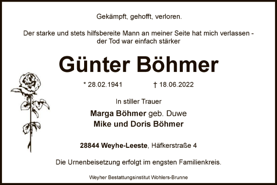 Traueranzeige von Günter Böhmer von SYK