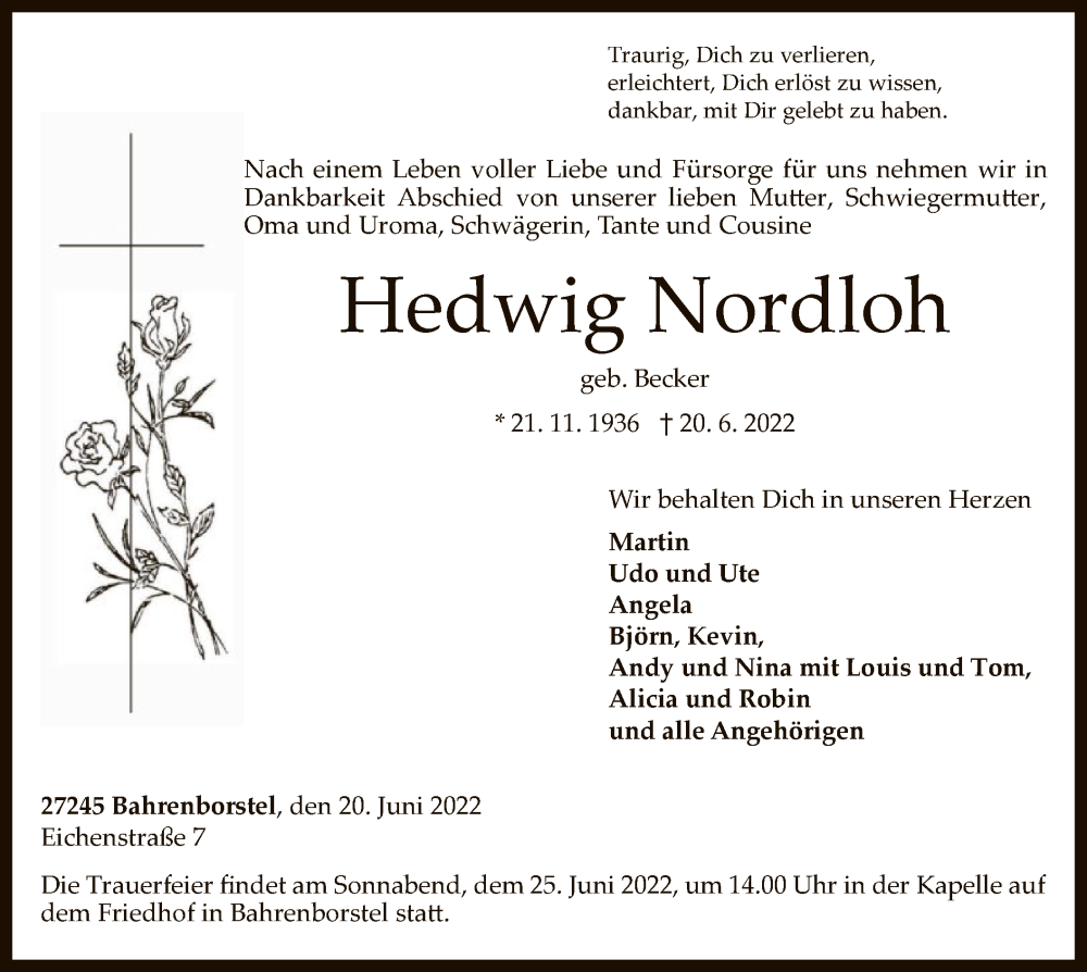  Traueranzeige für Hedwig Nordloh vom 23.06.2022 aus SYK