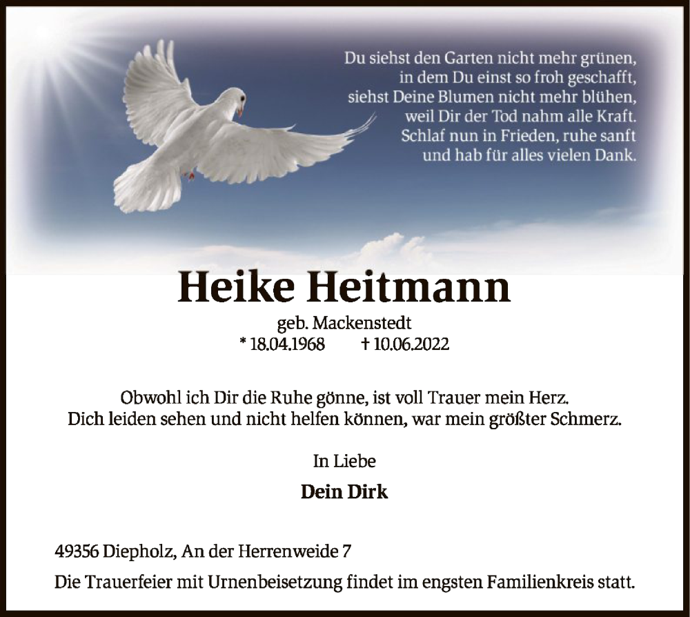  Traueranzeige für Heike Heitmann vom 15.06.2022 aus SYK