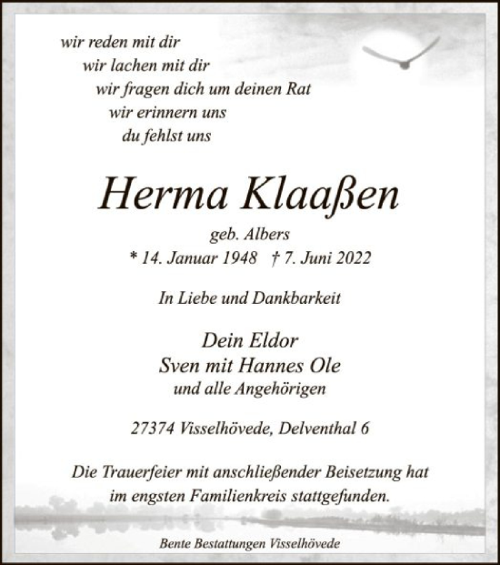 Traueranzeige von Herma Klaaßen von SYK