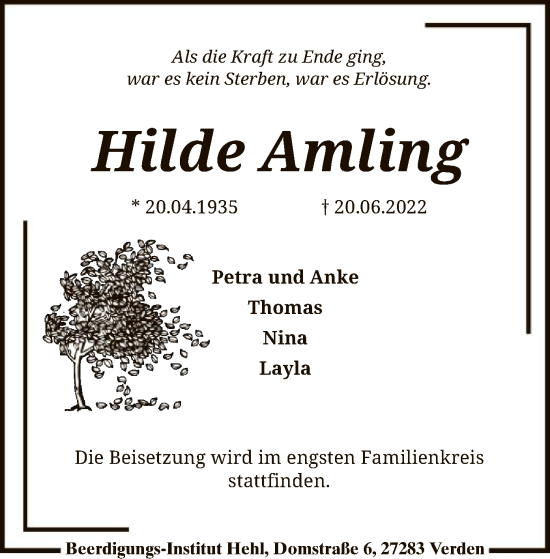 Traueranzeige von Hilde Amling von SYK