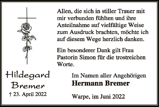 Traueranzeige von Hildegard Bremer von SYK