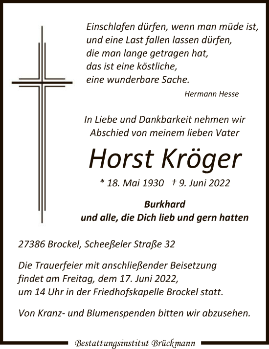 Traueranzeige von Horst Kröger von SYK