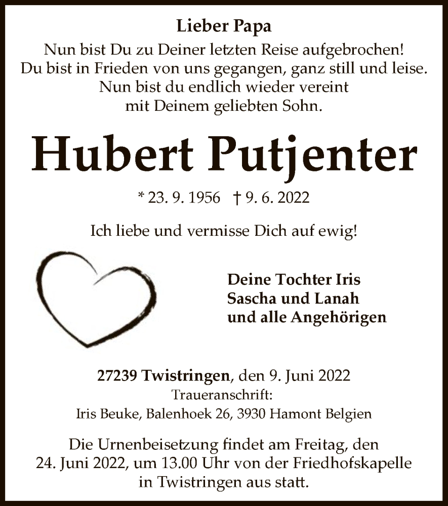  Traueranzeige für Hubert Putjenter vom 18.06.2022 aus SYK