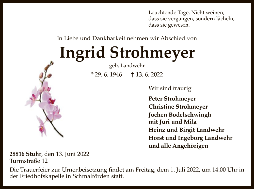  Traueranzeige für Ingrid Strohmeyer vom 18.06.2022 aus SYK