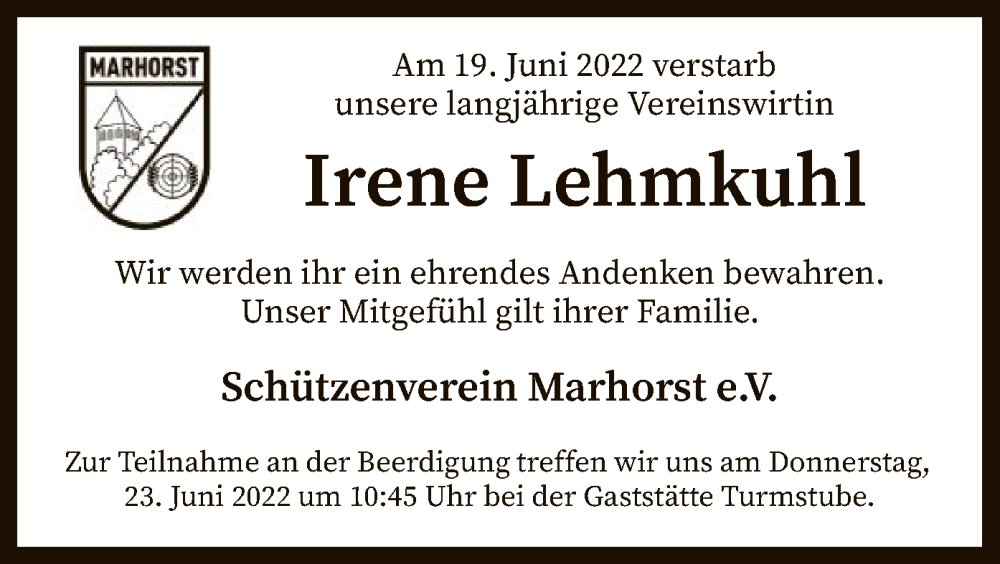  Traueranzeige für Irene Lehmkuhl vom 22.06.2022 aus SYK