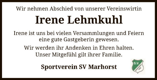 Traueranzeige von Irene Lehmkuhl von SYK