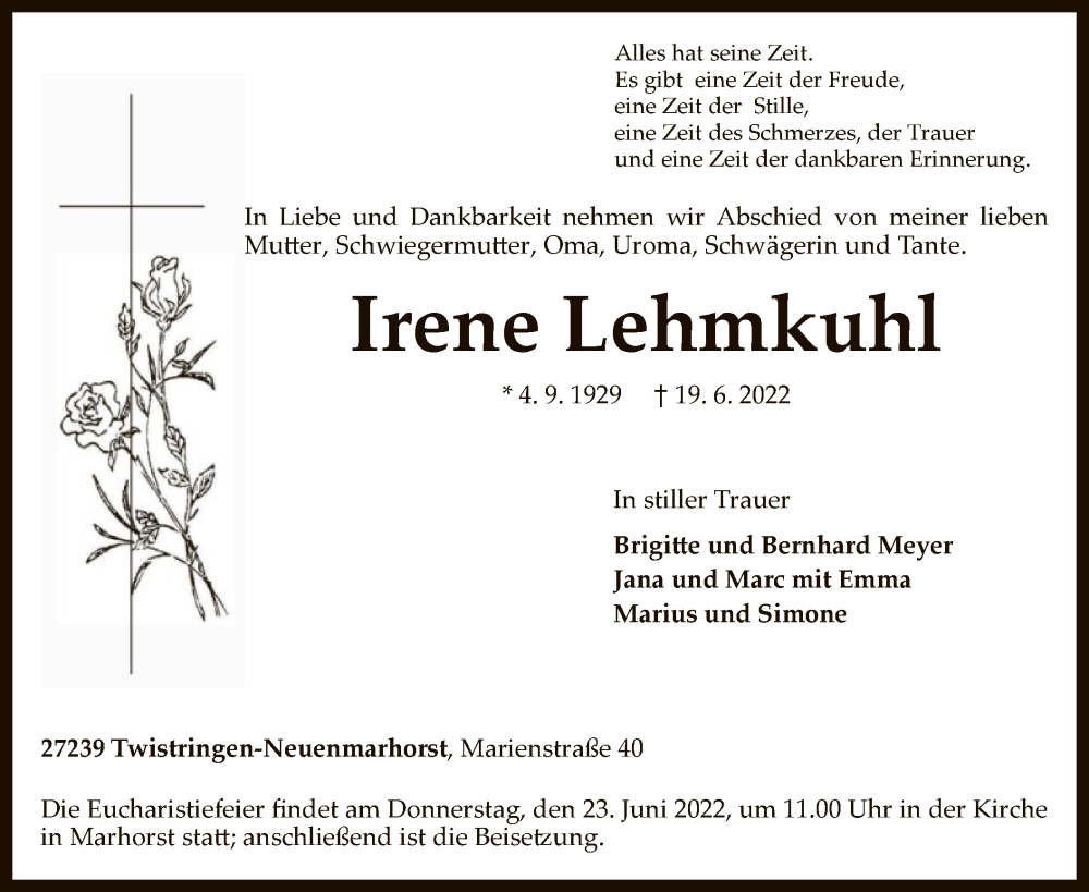  Traueranzeige für Irene Lehmkuhl vom 21.06.2022 aus SYK