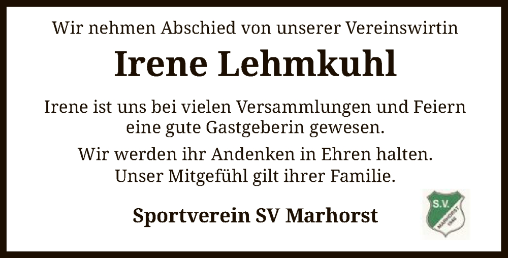  Traueranzeige für Irene Lehmkuhl vom 25.06.2022 aus SYK