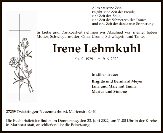 Traueranzeige von Irene Lehmkuhl von SYK