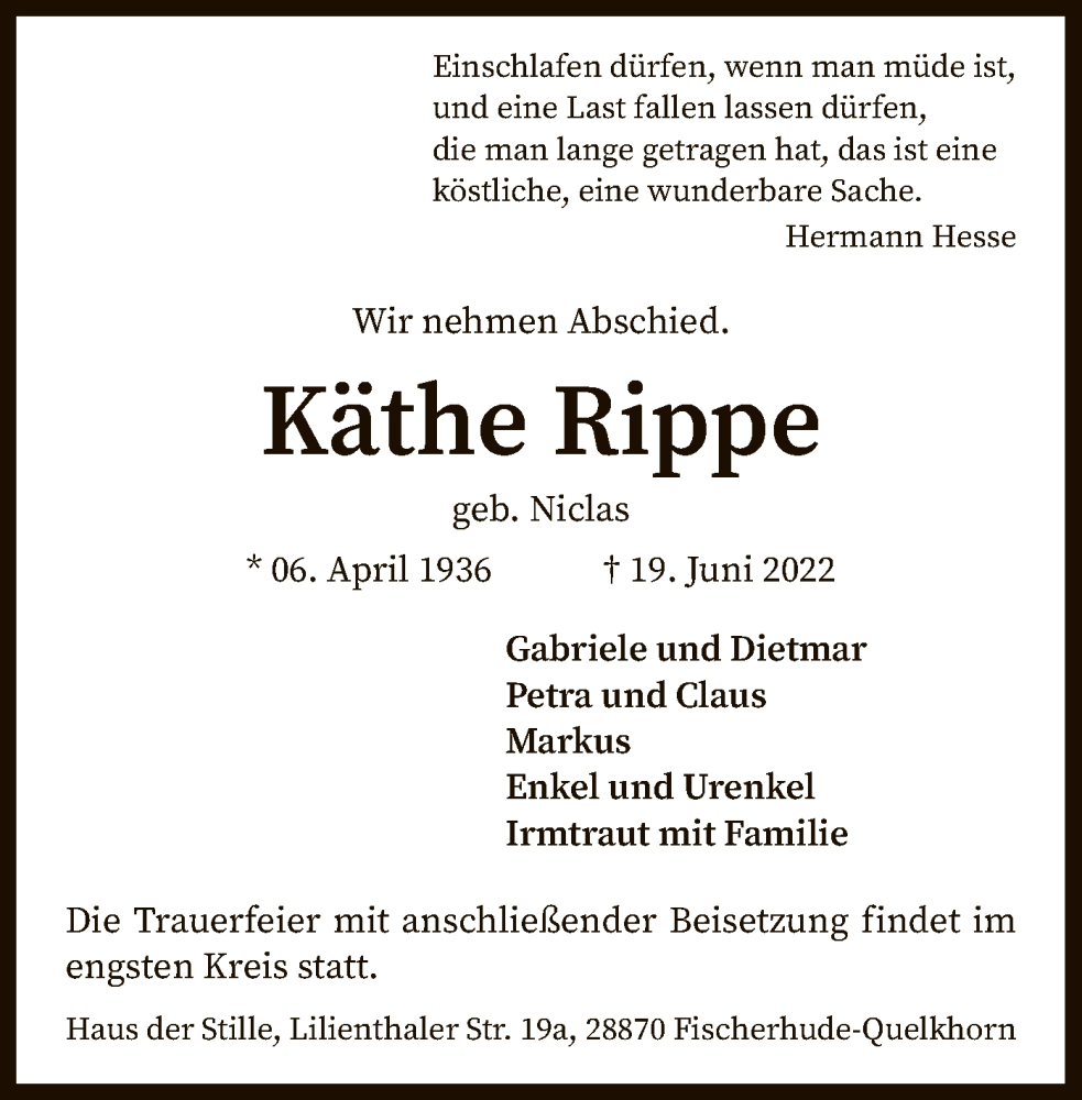  Traueranzeige für Kathe Rippe vom 21.06.2022 aus SYK