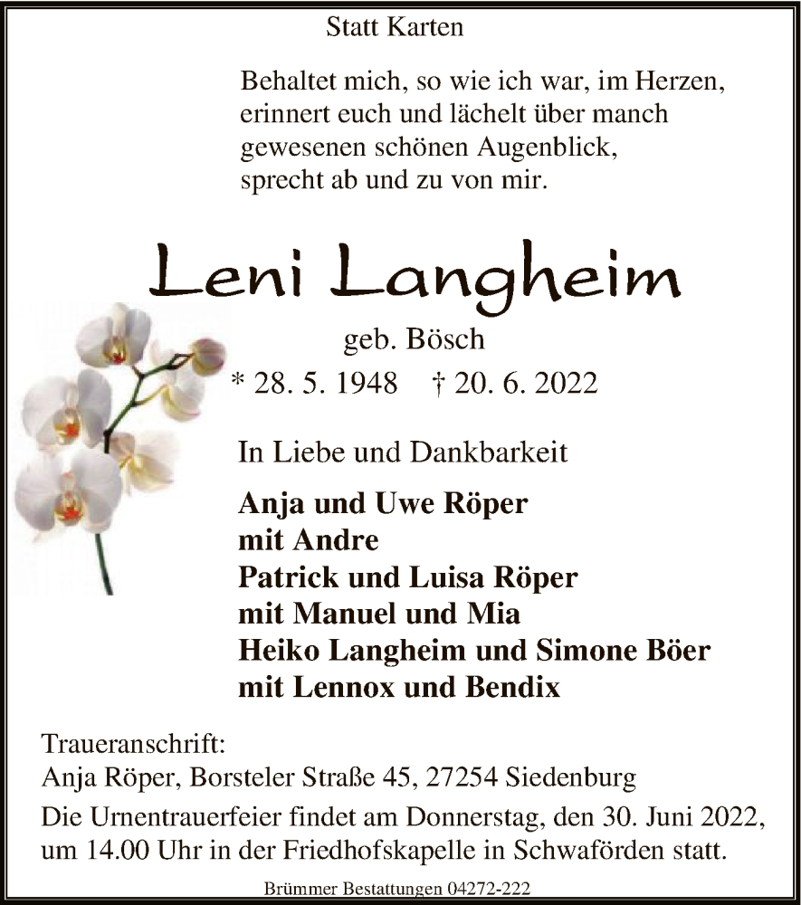  Traueranzeige für Leni Langheim vom 23.06.2022 aus SYK