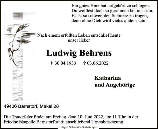 Traueranzeige von Ludwig Behrens von SYK