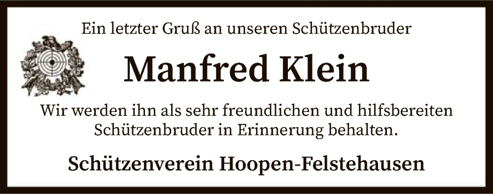  Traueranzeige für Manfred Klein vom 25.06.2022 aus SYK