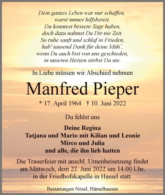 Traueranzeige von Manfred Pieper von SYK