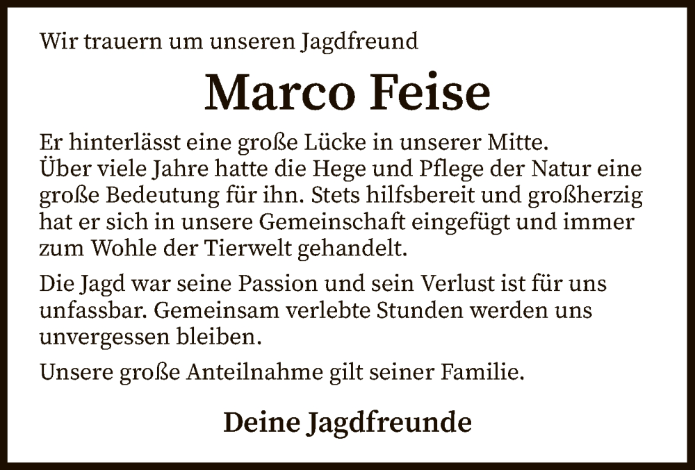  Traueranzeige für Marco Feise vom 08.06.2022 aus SYK