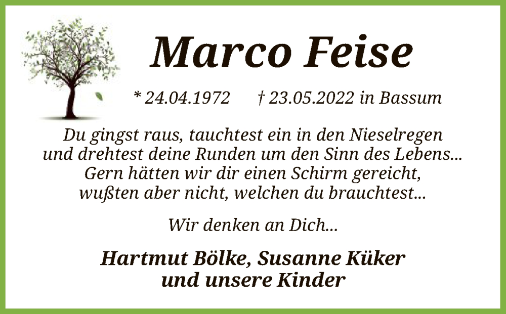  Traueranzeige für Marco Feise vom 04.06.2022 aus SYK