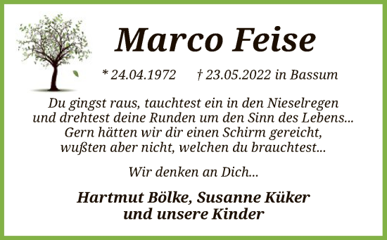 Traueranzeige von Marco Feise von SYK