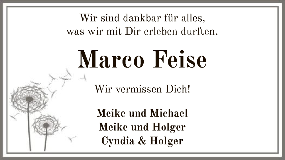  Traueranzeige für Marco Feise vom 04.06.2022 aus SYK