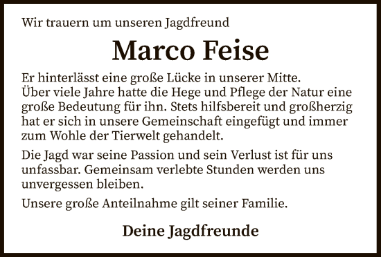 Traueranzeige von Marco Feise von SYK