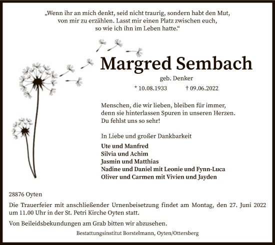 Traueranzeige von Margred Sembach von SYK