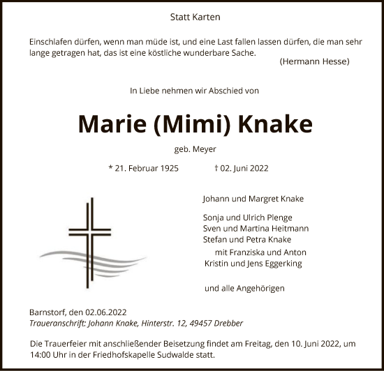 Traueranzeige von Marie Knake von SYK