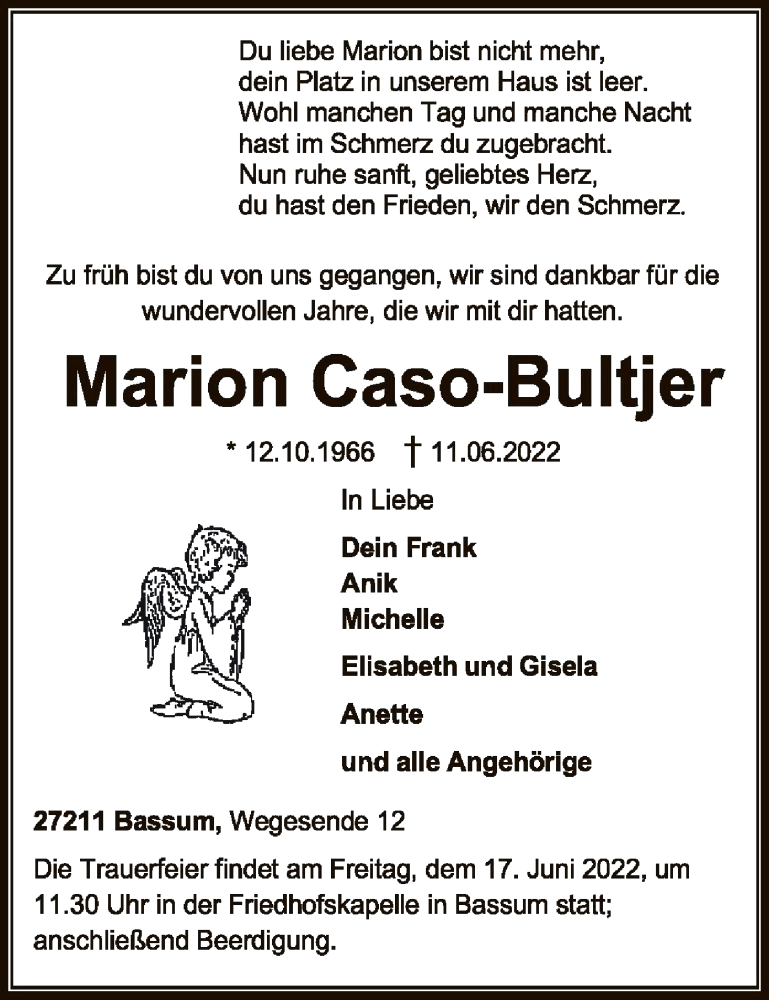  Traueranzeige für Marion Caso-Bultjer vom 14.06.2022 aus SYK