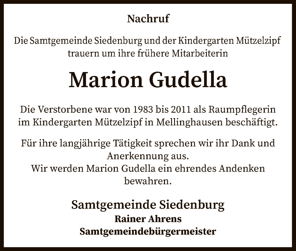  Traueranzeige für Marion Gudella vom 23.06.2022 aus SYK