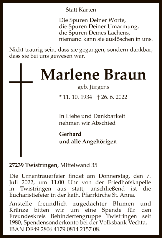 Traueranzeige von Marlene Braun von SYK