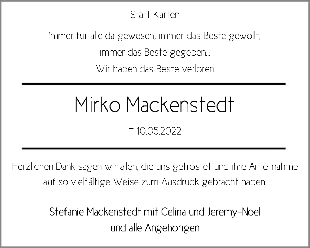  Traueranzeige für Mirko Mackenstedt vom 25.06.2022 aus SYK