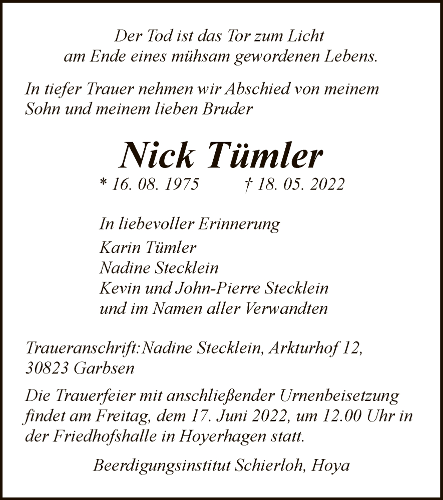  Traueranzeige für Nick Tümler vom 11.06.2022 aus SYK