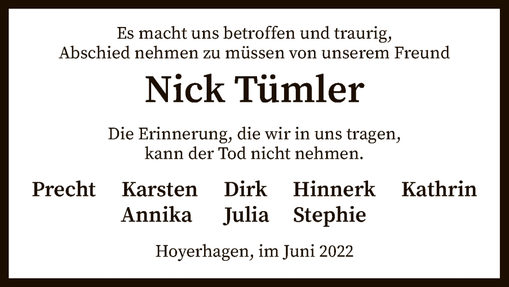  Traueranzeige für Nick Tümler vom 15.06.2022 aus SYK