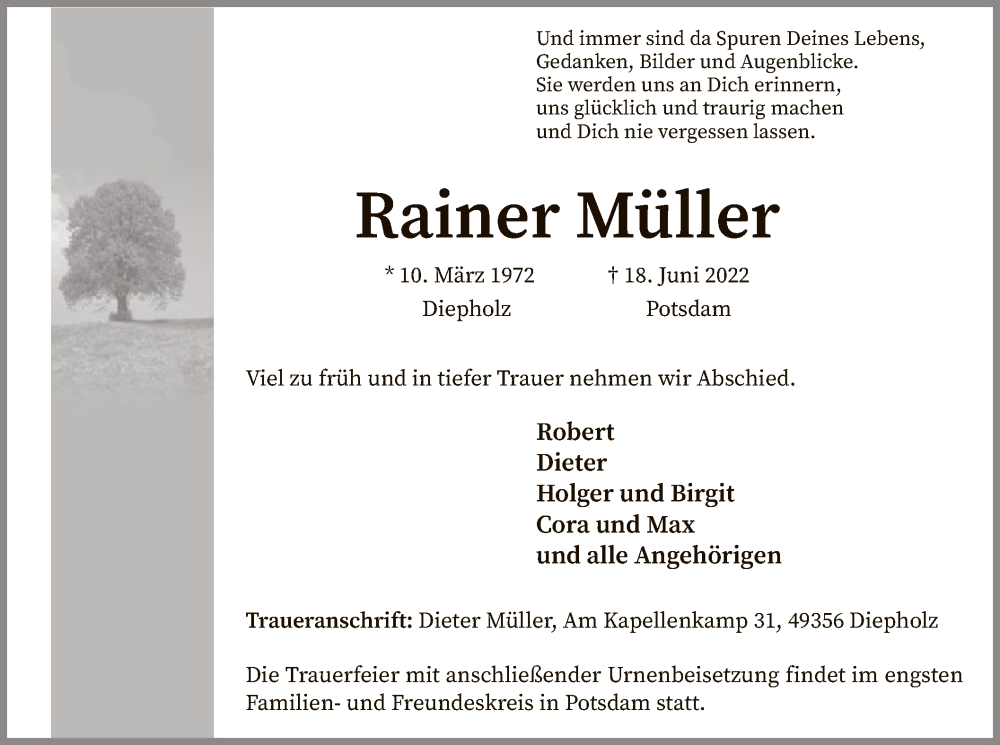  Traueranzeige für Rainer Müller vom 25.06.2022 aus SYK