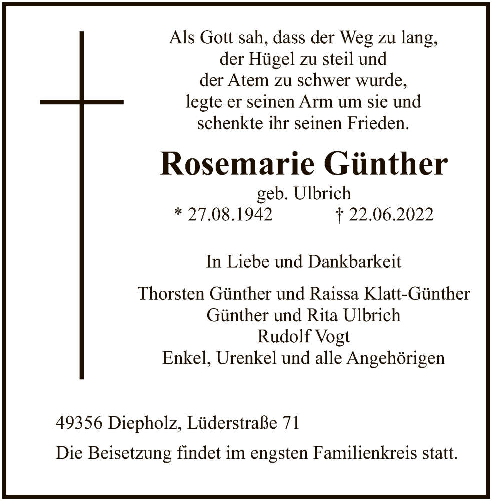  Traueranzeige für Rosemarie Günther vom 24.06.2022 aus SYK
