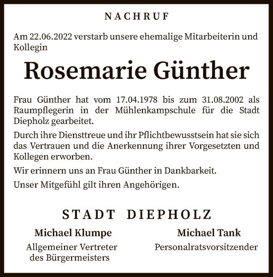 Traueranzeige von Rosemarie Günther von SYK